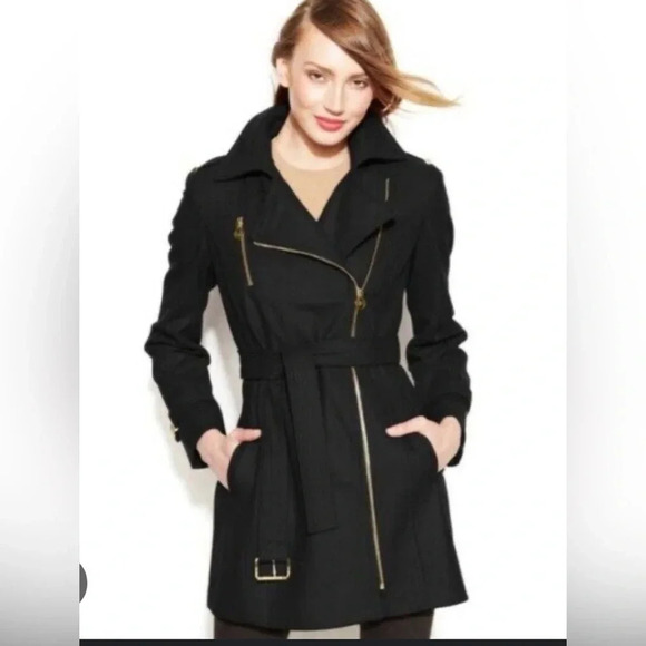 Michael Kors | Black Wool Blend Peacoat Winter Jacket with Gold Zipper | Size S - Picture 1 of 11